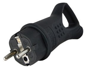 Фото Вилка электрическая прямая с ушком (с заземлением, 16 А, 250 В, IP44, каучук, черная)