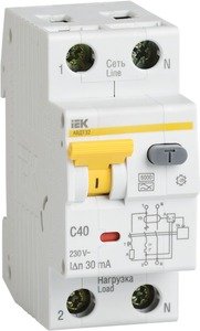 Фото IEK MAD22-5-063-C-100 Автоматический выключатель дифференциального тока однополюсный + нейтраль C63 А 100 мА (тип A, 6 кА)