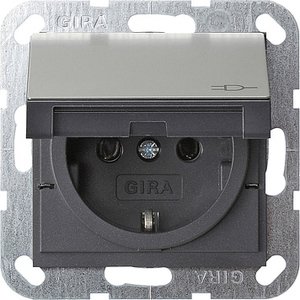 Фото Gira E2 0414600 Розетка SCHUKO с заземляющим контактом (16 А, шторки, крышка, под рамку, скрытая установка, нержавеющая сталь)