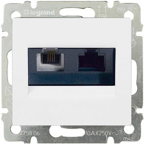 Фото Legrand Valena 770080 Розетка комбинированная (RJ11+RJ45, UTP, Cat.6e, под рамку, скрытая установка, белая)