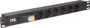 Фото IEK PH12-6D1-P ITK PDU 6 розеток DIN49440 (нем. cтанд.) с LED выключателем, 1U, шнур 2м вилка DIN49441 (нем. станд.), профиль из ПВХ, черный