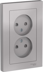 Фото Schneider Electric AtlasDesign ATN000322 Розетка двойная без заземляющего контакта (16 А, в сборе, шторки, скрытая установка, алюминий)