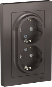 Фото Schneider Electric AtlasDesign ATN000626 Розетка двойная с заземляющим контактом (16 А, в сборе, шторки, скрытая установка, мокко)