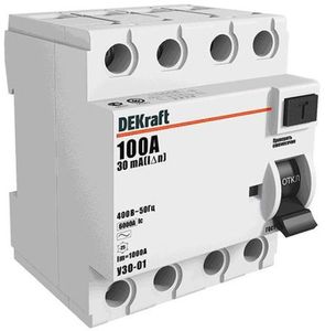 Фото DEKraft УЗО-03 14090DEK Выключатель дифференциального тока четырехполюсный 100А 100мА (тип AC)