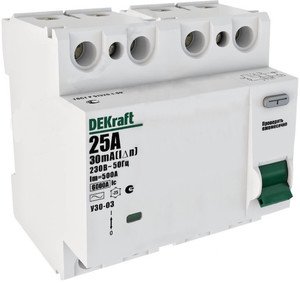 Фото DEKraft УЗО-03 14092DEK Выключатель дифференциального тока четырехполюсный 25А 300мА (тип AC)