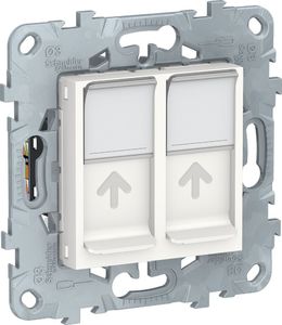 Фото Schneider Electric Unica New NU542418 Розетка компьютерная (2xRJ45, cat.6e, UTP, под рамку, скрытая установка, белая)