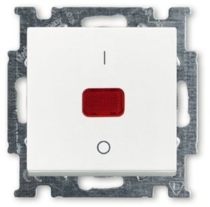 Фото ABB Basic55 2CKA001020A0089 Выключатель одноклавишный двухполюсной (20 А, индикация, под рамку, скрытая установка, альпийский белый)