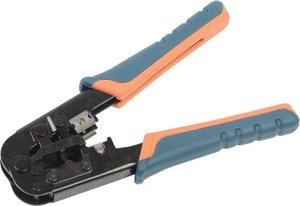 Фото IEK TM1-B10H ITK Инструмент обжимной для RJ45, RJ12, RJ11 без храпового мех. с прорезиненными ручками, сине-оранжевый
