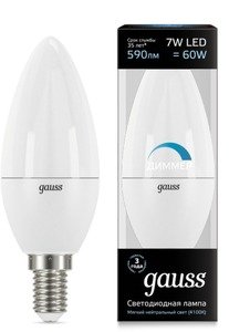Фото Gauss 103101207-D Лампа LED Candle-dim E14 7W 4100К диммируемая 1/10/100