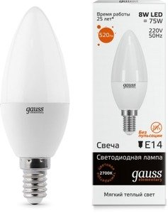 Фото Gauss 33118 Лампа LED Elementary Candle 8W E14 3000K 1/10/50