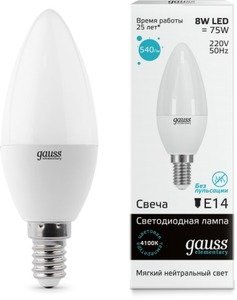 Фото Gauss 33128 Лампа LED Elementary Candle 8W E14 4100K 1/10/50