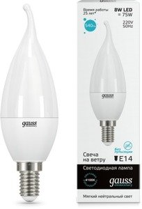 Фото Gauss 34128 Лампа LED Elementary Candle Tailed 8W E14 4100K 1/10/50