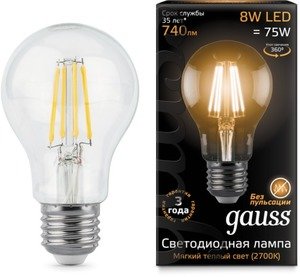 Фото Gauss 102802108 Лампа LED Filament A60 E27 8W 2700К 1/10/40