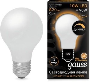 Фото Gauss 102202110-D Лампа LED Filament A60 Opal dimmable E27 10W 2700К 1/10/40