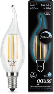 Фото Gauss 104801205-D Лампа LED Filament Candle tailed dimmable E14 5W 4100K 1/10/50