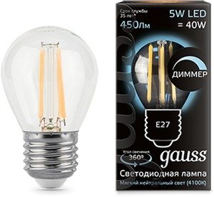 Фото Gauss 105802205-D Лампа LED Filament Globe dimmable E27 5W 4100K 1/10/50