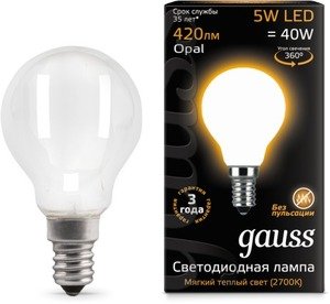Фото Gauss 105201105 Лампа LED Filament Globe Opal E14 5W 2700K 1/10/50