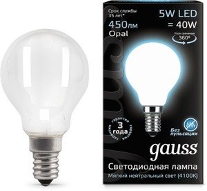 Фото Gauss 105201205 Лампа LED Filament Globe Opal E14 5W 4100K 1/10/50