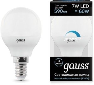 Фото Gauss 105101207-D Лампа LED Globe-dim E14 7W 4100К диммируемая 1/10/100