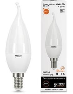 Фото Gauss 34116 LED Elementary Candle Tailed 6W E14 2700K 1/10/50 светодиодная лампа