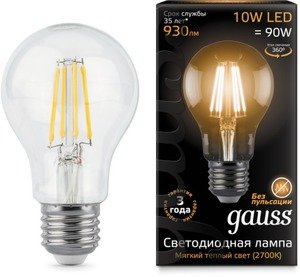 Фото Gauss 102802110 LED Filament A60 E27 10W 2700К (груша) светодиодная лампа