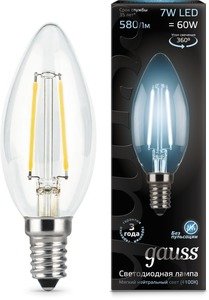 Фото Gauss 103801207 LED Filament Candle E14 7W 4100К (свеча) светодиодная лампа