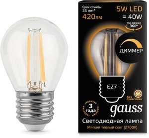 Фото Gauss 105802105-D LED Filament Globe dimmable E27 5W 2700K (G45-шарик, диммир.) светодиодная лампа