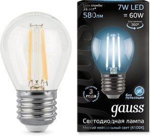 Фото Gauss 105802207 LED Filament Globe E27 7W 4100K (G45-шарик) светодиодная лампа