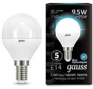 Фото Gauss 105101210 Лампа LED Globe E14 9.5W 4100K 1/10/50