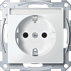 Фото Schneider Electric Merten System M MTN2302-0319 Розетка с заземляющим контактом и полем для надписи (16 А, под рамку, шторки, скрытая установка, полярно-белая)