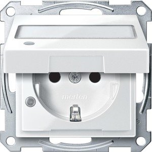 Фото Schneider Electric Merten System M MTN2313-0319 Розетка с заземляющим контактом и полем для надписи (16 А, под рамку, крышка, индикация, шторки, скрытая установка, полярно-белая)