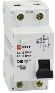 Фото EKF DA12-40-30-bas Дифференциальный автомат 1P+N 40А 30мА тип АС х-ка C эл. 4,5кА АД-12 Basic