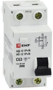 Фото EKF DA12-63-30-bas Дифференциальный автомат 1P+N 63А 30мА тип АС х-ка C эл. 4,5кА АД-12 Basic