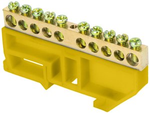 Фото EKF sn0-63-10-dz Шина "0" N (6х9мм) 10 отверстий латунь желтый изолятор на DIN-рейку PROxima