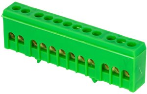 Фото EKF sn0-63-12-ig-r Шина "0" PE (6х9мм) 12 отверстий латунь зеленый изолированный корпус на DIN-рейку розничный стикер PROxima