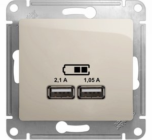 Фото Schneider Electric Glossa GSL000933 Розетка USB (2xUSB, под рамку, скрытая установка, молочная)