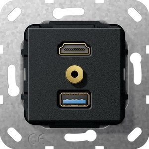 Фото Gira System55 568010 Розетка комбинированная (HDMI+USB+mini-Jack 3.5, под рамку, скрытая установка, черная матовая)