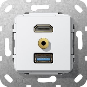 Фото Gira System55 568003 Розетка комбинированная (HDMI+USB+mini-Jack 3.5, под рамку, скрытая установка, белая глянцевая)