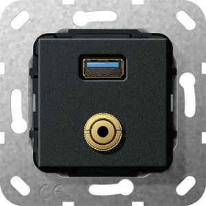 Фото Gira System55 568610 Розетка комбинированная (USB+mini-Jack 3.5, под рамку, скрытая установка, черная матовая)