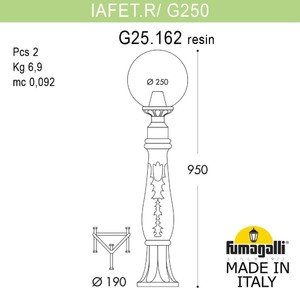 Фото Fumagalli Iafaet.R/G250 G25.162.000.AXE27 Столбик освещения садовый 950 мм (корпус черный, плафон прозрачный)