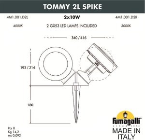 Фото Fumagalli Tommy 2L Spike 4M1.001.000.LXD2L Прожектор ландшафтный с 2 фонарями 373 мм (корпус серый, плафон матовый)