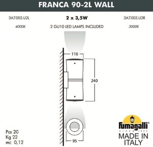 Фото Fumagalli Franca 90-2L Wall 3A7.003.000.LXU1L Светильник на стену 240 мм (корпус серый, плафон матовый)