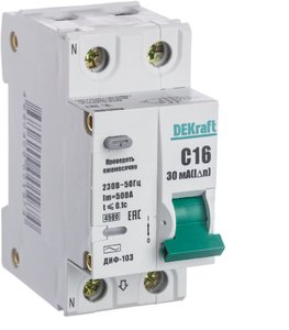 Фото DEKraft ДИФ-103 16013DEK Автоматический выключатель дифференциального тока однополюсный+N 16А (тип AC, 4.5 кА)
