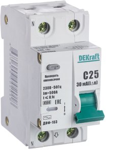 Фото DEKraft ДИФ-103 16015DEK Автоматический выключатель дифференциального тока однополюсный+N 25А (тип AC, 4.5 кА)