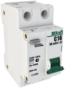 Фото DEKraft ДИФ-103 16016DEK Автоматический выключатель дифференциального тока однополюсный+N 32А (тип AC, 4.5 кА)