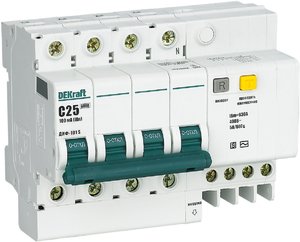 Фото DEKraft ДИФ-101 15310DEK Автоматический выключатель дифференциального тока четырехполюсный 25А (тип AC, 6 кА)