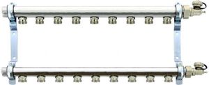 Фото REHAU HLV 11102141001 Коллекторная группа (1" НР, 9 x 3/4" НР, нержавеющая сталь)