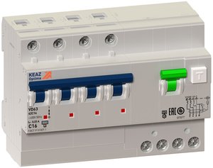 Фото КЭАЗ OptiDin 103475 Автоматический выключатель дифференциального тока четырехполюсный 10А (тип AC, 6 кА, 30 мА)