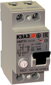 Фото КЭАЗ АВДТ32 228067 Автоматический выключатель дифференциального тока двухполюсный 25А (тип AC, 6 кА, 30 мА)