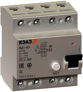 Фото КЭАЗ ВД1-63 221944 Выключатель дифференциального тока четырехполюсный 16А 10мА (тип AC)